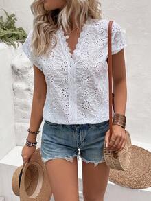 Camisa De Mujer De Manga Corta Con Detalles De Encaje - Blanco - Ver 7