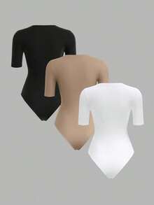 3 piezas Body ajustado de manga corta y cuello redondo de punto de unicolor para mujer - Caqui - Ver 3