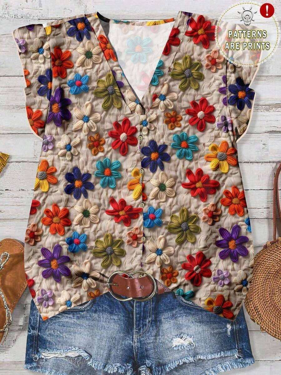 Camisa de mujer con estampado de rayas en estilo náutico, minimalista, universitario y de dinero antiguo, casual y adecuada para el verano y principios del otoño.Camisa de mujer con estampado de rayas en contraste rojo, azul y blanco en estilo náut - Multicolor 3 - Ver 1
