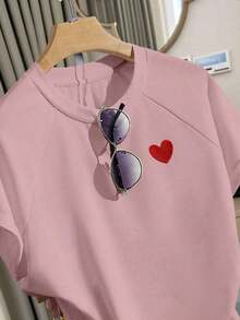 Conjunto informal de 2 piezas con bordado de corazón, camiseta y shorts, de moda para el verano - Rosa - Ver 5