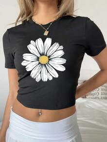 3 piezas Crop Top simple y casual para mujer con manga corta entallada, estampado de flores y mariposas, cuello redondo - Multicolor 2 - Ver 3