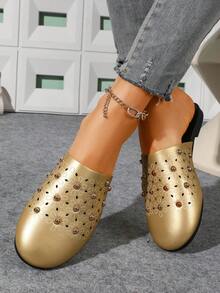 Vintage Rivet Backless Mules Women Shoes, Flat Slip-On Punk Style Comfortable Versatile Outdoor Slippers - Gold - View 5