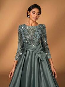 y lujoso vestido de manga larga transparente con bordado de encaje floral, con perlas y lazo con diamantes, con vuelo.Adecuado para boda, fiesta, vacaciones, baile de graduación, vestido de noche para novia, madre de la novia - Verde militar - Ver 6