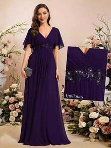 Elegante vestido de dama de honor de gasa con cuello en V, mangas con volantes bordados y plisados, vestido de noche formal para invitados de boda - Morado - Ver 7