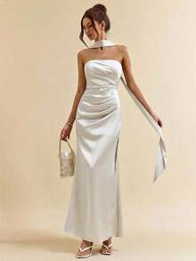 Vestido de satén elegante de sirena con abertura alta, espalda descubierta y cuello de halter en color verde, vestido de dama de honor, vestido de satén, vestido sexy, atuendo de invitado de boda, primavera/verano - Albaricoque - Ver 8