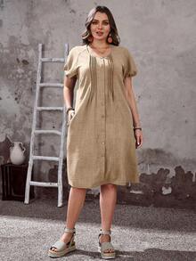 Vestido casual de mujer talla grande de unicolor, cuello redondo, manga corta, abotonado y con bolsillo - Caqui - Ver 3