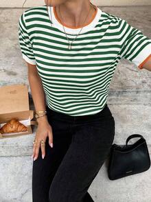 Mujeres veraniegas de moda Top de tejido de punto de rayas simple negro y blanco, Todo coincidente - Verde - Ver 7