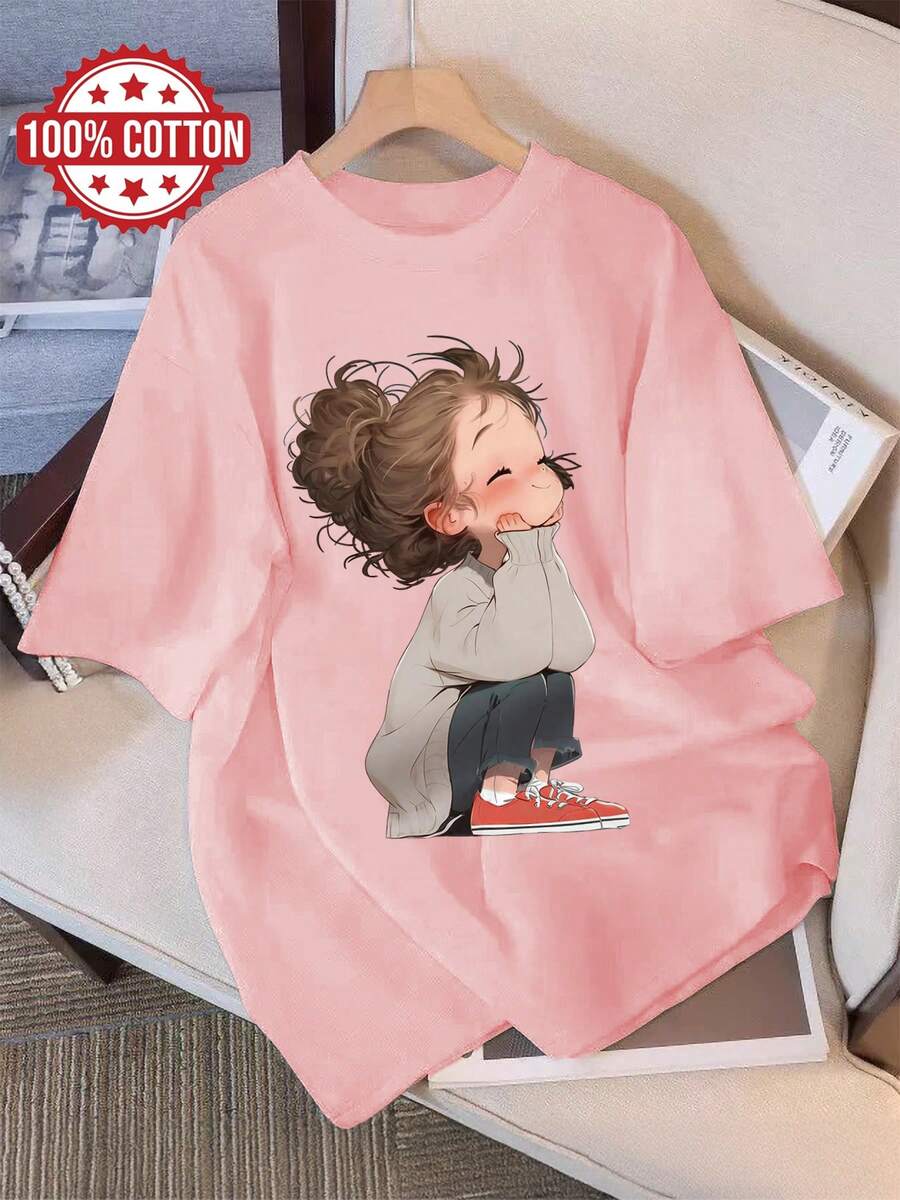 Women's Summer Clothes, Casual Tops With Cartoon Style Of A Woman With Curly Hair, Sheer Short Sleeve T-Shirt With Print And Round Neck [Lang K] - 羅莎 - 查看 1