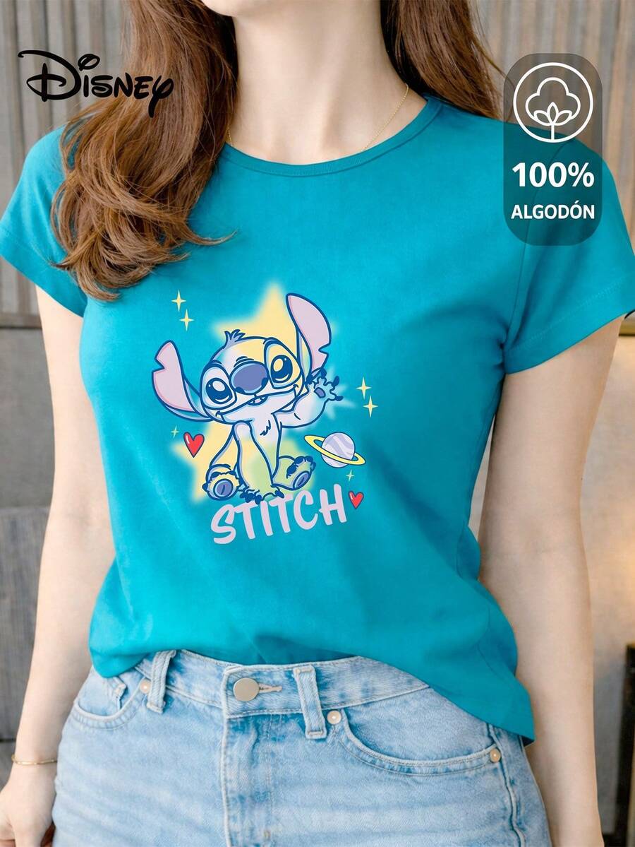 Women's T-Shirt Made Of 100% High-Quality Cotton. This T-Shirt Guarantees Exceptional Softness To The Touch, With A Round Neck, "Disney Stitch Galactic" Print, And Short Sleeves. - 綠松石 - 查看 1