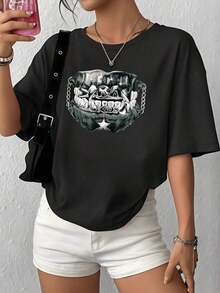 100% Cotton. The Image Shows A Symbol Of Strength And Freedom With Chains And Stars That Evoke Feminine Power And Modern Urban Energy. Women's 100% Cotton Soft And Comfortable T-Shirt For Everyday Wear. Women's Simple Solid Color T-Shirt, Loose And Slim Fit Casual Short Sleeve - 黑色 - 查看 12
