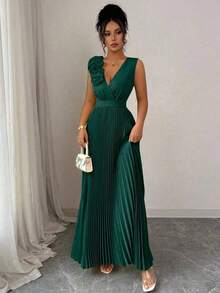 Vestido de verano de cuello en V azul claro con cintura ceñida, aplicación floral en el pecho y falda plisada en línea A, elegante estilo francés - Verde Oscuro - Ver 5