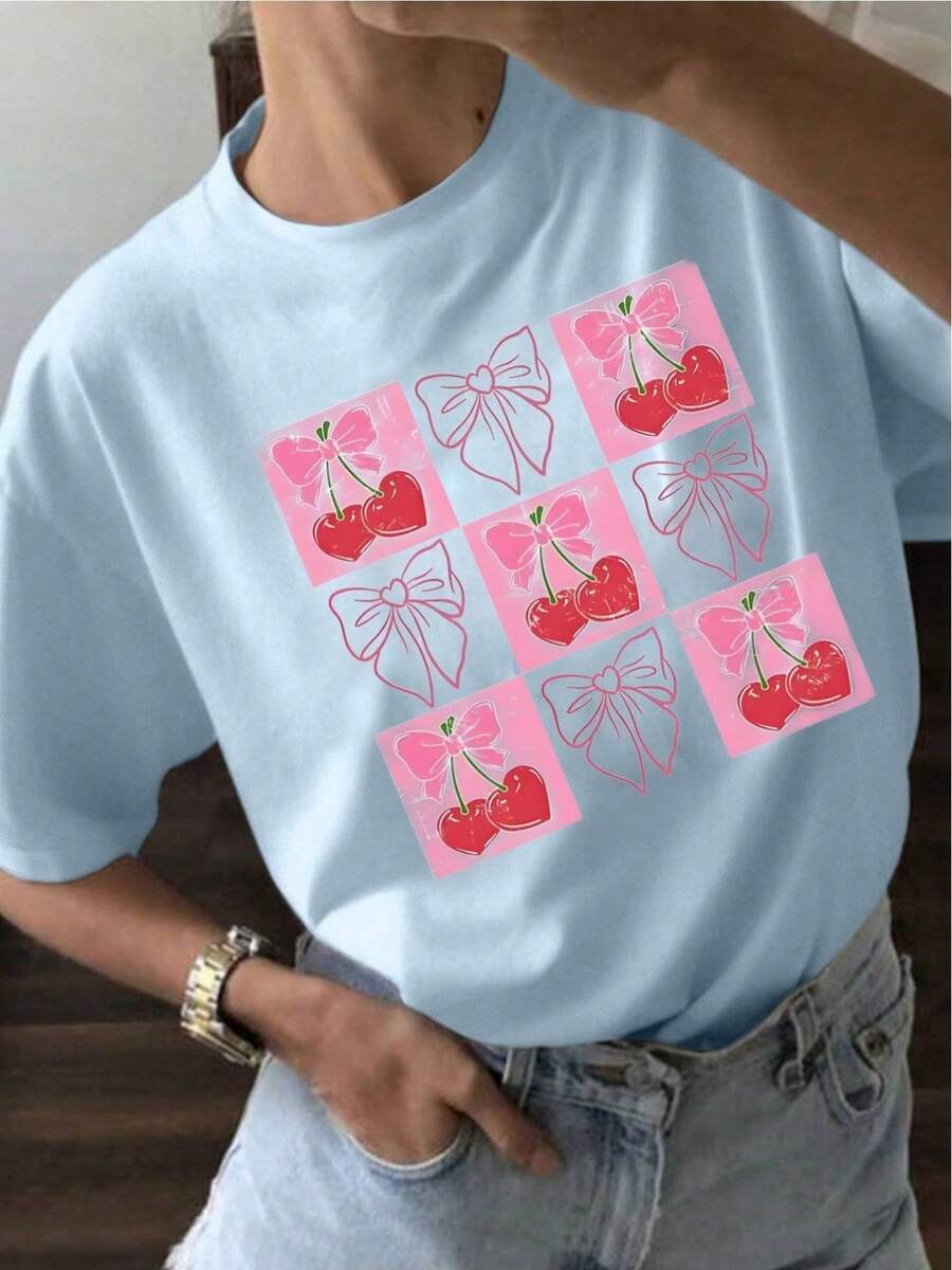 Camiseta Casual de Verano para Mujer YOCASA, con Cuello Redondo, Ajustada y de Manga Corta, con Estampado de Pintura al Óleo, Motivos Florales, de Corazones, de Cerezas y de Letras.Tela sencilla y casual, estilo deportivo, ideal para uso diario y una cita de San Valentín. - AZUL-YH137 - Ver 1