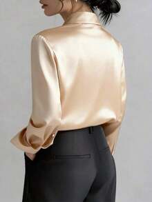 Camisa de manga larga de unicolor elegante para mujer - Blusa de cuello clásico no transparente, tela premium para primavera, verano, otoño, versátil para uso casual y profesional, lavable a máquina/limpieza en seco, diseño estilizado, textura refinada Blanco - Champán - Ver 4