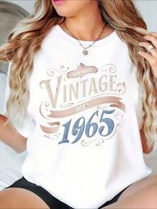 Women's Vintage Classic Graphic T-Shirt Since 1965, Birthday Gift, Celebration Wear - Vintage Urban Style, Unisex, Loose Fit, Cotton, Short Sleeve, Crew Neck, 100% Cotton - 白色 - 查看 7