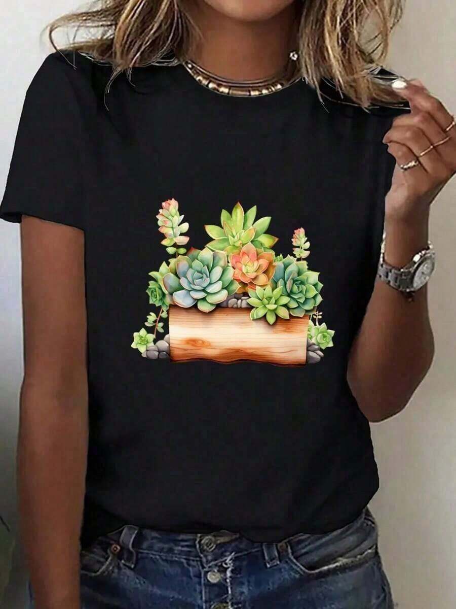 Under The Radar1 pieza de tela suave 100% duradera, delgada, talla grande, camiseta de mujer de gran tamaño, estampado de cactus y plantas suculentas del desierto - Tela ligera, transpirable, no transparente, camiseta casual holgada para uso diario, cuello redondo, manga corta, top de verano, estilo bohemio y minimalista, ropa casual cómoda para todas las estaciones, corte holgado adecuado para usar en capas, patrón geométrico, corte holgado adecuado para usar en capas, diseño vibrante de cactus y plantas suculentas, suave y cómoda para uso diario, camiseta de mujer, camiseta de talla grande para mujer, camiseta de mujer linda y elegante 100% algodón. Camiseta unisex de algodón holgada de manga corta y cuello redondo estilo vintage urbano - Negro - Ver 1