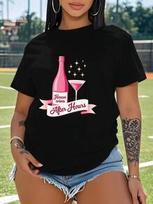 Cuello Redondo Talla Grande, Champagne Martini, Camiseta Casual de Manga Corta para Mujer Talla Grande para Señoras de Casa Después del Trabajo, Blusas Para Mujer Casual - Negro - Ver 7