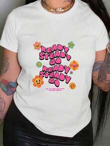 Camiseta de Mujer con Estampado Gráfico "Ready Steady Go", Manga Corta, Cuello Redondo, Estilo Casual para Verano y Primavera, Ropa de Mujer - Blanco - Ver 1