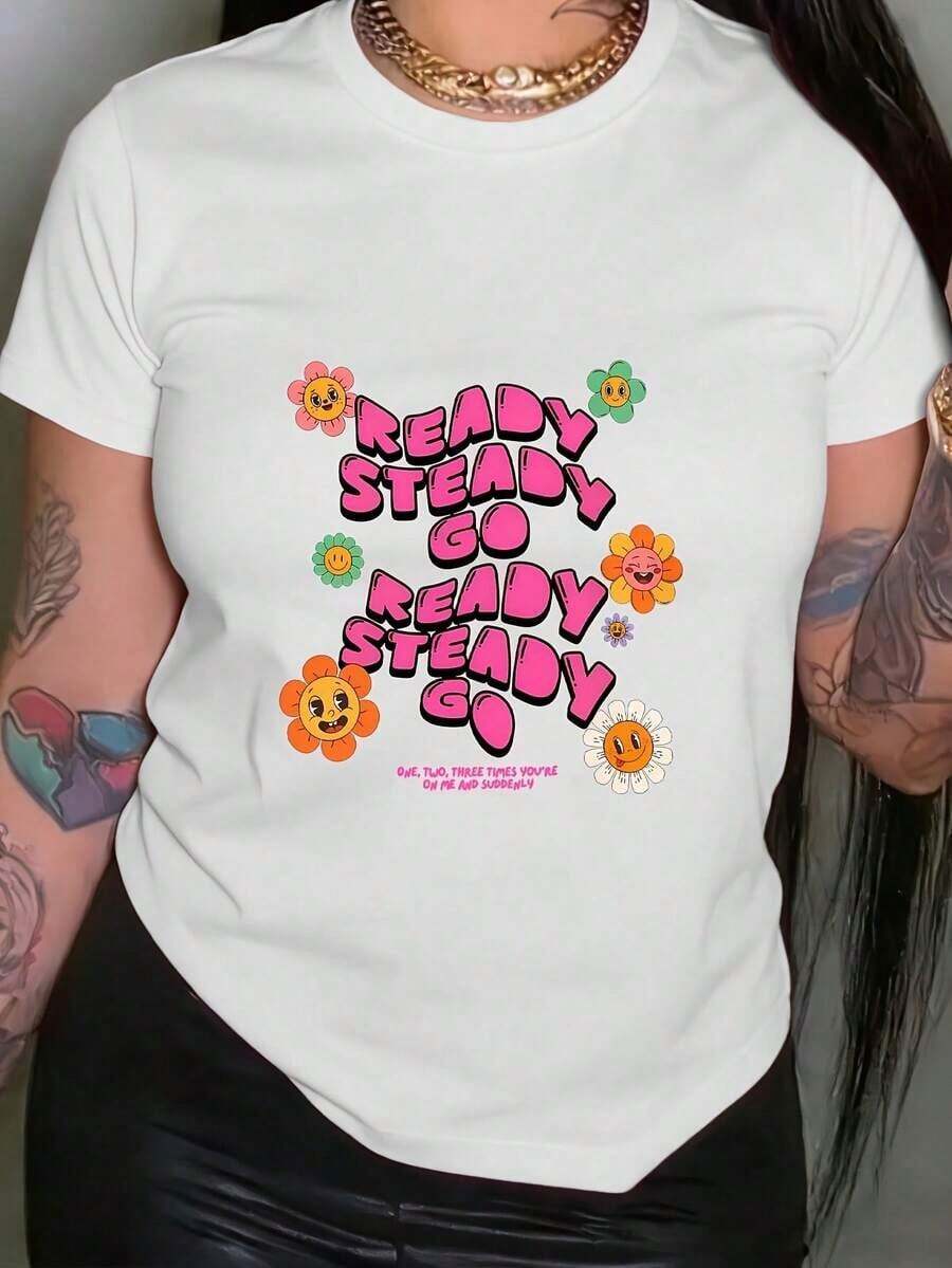 Camiseta de Mujer con Estampado Gráfico "Ready Steady Go", Manga Corta, Cuello Redondo, Estilo Casual para Verano y Primavera, Ropa de Mujer - Blanco - Ver 1