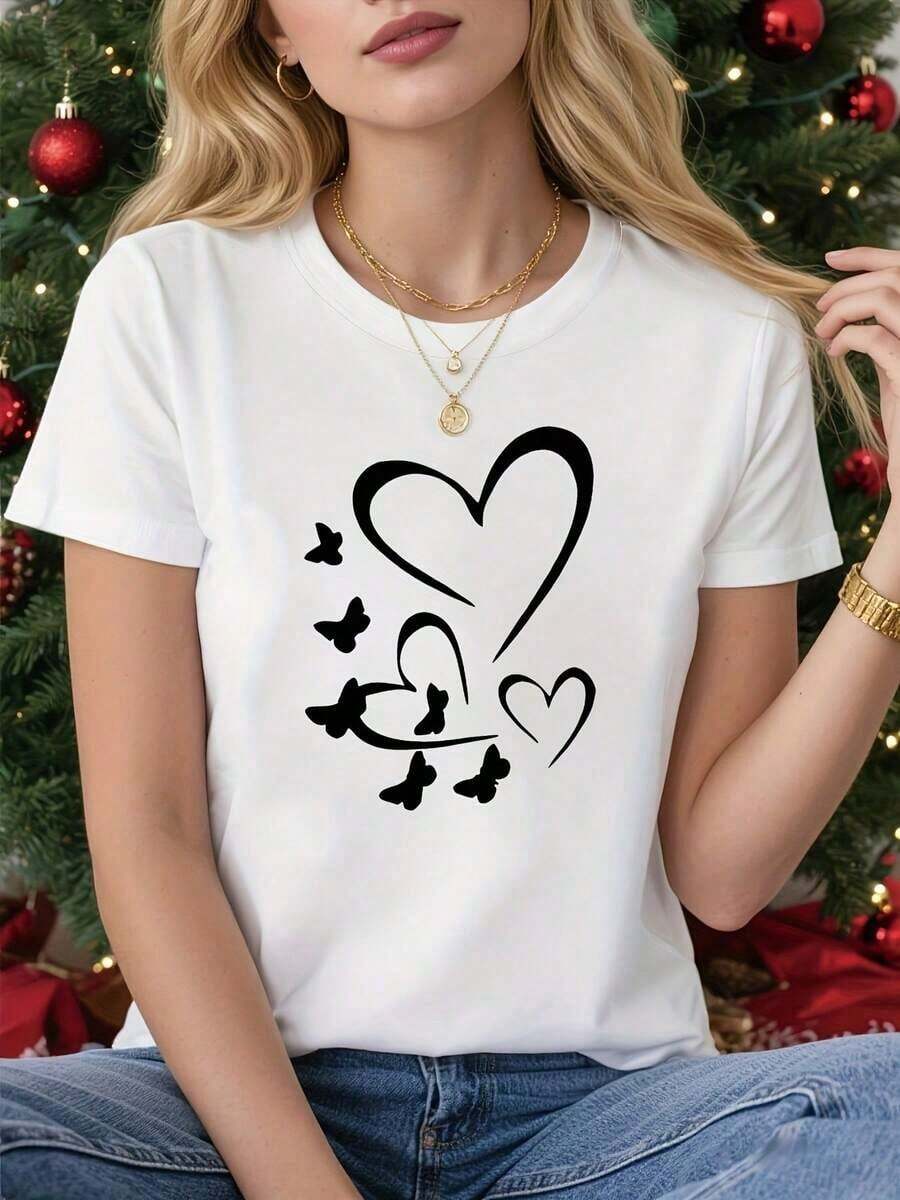 Camiseta Blanca con Estampado de Corazón y Mariposa para Mujer - Regalo Romántico para Ella en San Valentín, Tela Suave y Elástica, Manga Corta, Cuello Redondo, Uso Casual y para Fiestas, 100% Algodón - Blanco - Ver 1