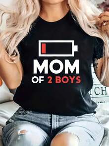 2026Camiseta gráfica para mujer, mamá de dos hijos - Diseño con icono de batería, camiseta negra de manga corta con cuello redondo, suave y elástica, lavable a máquina, top casual de verano para mamás, camiseta de mamá, estampado divertido, elasticidad me - Negro - Ver 1