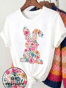 Camiseta de manga corta con cuello redondo y estampado de conejo vintage en talla grande - Albaricoque - Ver 3