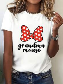 Camiseta de manga corta con cuello redondo y estampado "Abuela Mouse" para mujer, cómoda y transpirable, top casual versátil. - Blanco - Ver 1