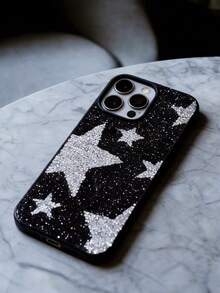 1 pièce Étui de protection pour téléphone avec trou pour objectif, entièrement clouté d'étoiles scintillantes, de style minimaliste et à la mode, compatible avec les séries 17, 16, 15 Pro Max, 14, 13, 12, 11 - Argent - Voir 7