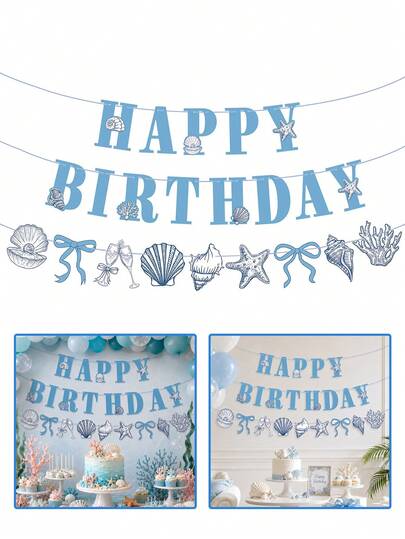 3 peças Faixa de Aniversário com Estrela do Mar em Forma de Laço Azul, Bandeiras Coloridas com Tema Náutico, Faixas de Aniversário com Tema Oceânico, Adequado para Festas de Aniversário, Festas na Piscina, Decorações de Aniversário com Tema Subaquático de Praia Oceânica, Decorações de Festa de Sereia, Suprimentos para Festa.