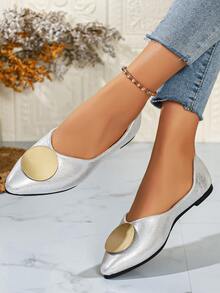 Plus Size Women's Fashion Pointed Toe Gold Buckle Slip-On Comfortable Ballet Shoes, Suitable For Spring & Autumn - Silver - View 6