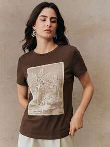 Women's Short-Sleeved Knit Blouse With A Round Neck And Floral Mesh Print, Ideal For Holidays And Casual Spring Wear - 灰色 - 查看 6
