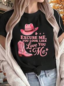 Disculpe, parece que me amas, camiseta de mujer con estampado de botas vintage, suave, transpirable, casual, de cuello redondo y manga corta, transpirable y cómoda. - Negro - Ver 1