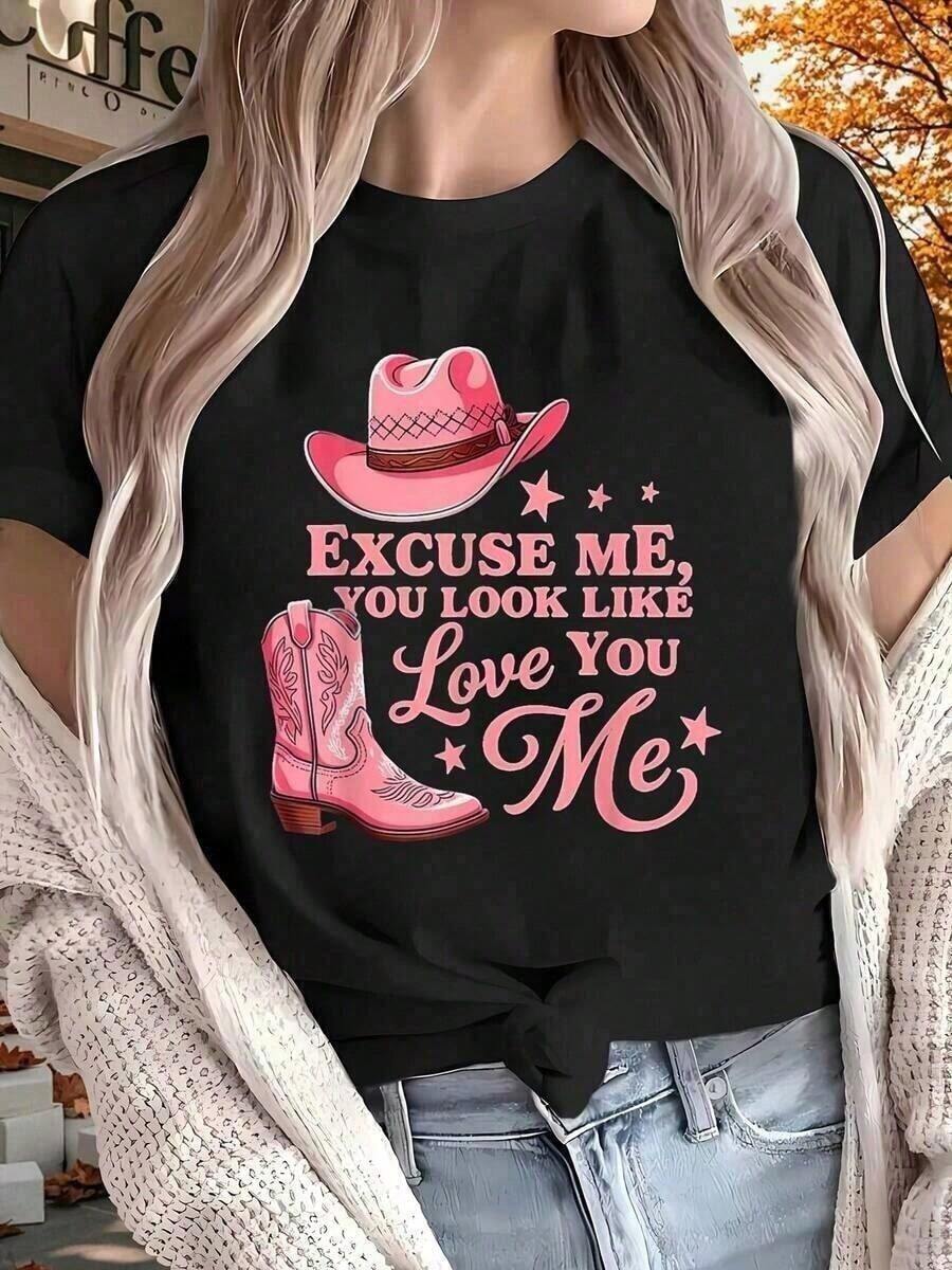 Disculpe, parece que me amas, camiseta de mujer con estampado de botas vintage, suave, transpirable, casual, de cuello redondo y manga corta, transpirable y cómoda. - Negro - Ver 1