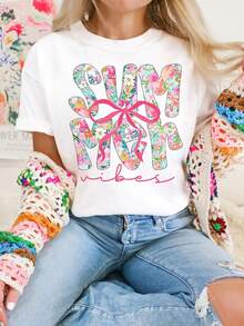 Pure Cotton T-Shirt With Vintage Floral Prints, Bohemian Summer Shirt, Letter Print, Fashionable Short Sleeve T-Shirt, Letter Print T-Shirt, Regular Round Neck, Comfortable And Breathable Fabric, Plain White T-Shirt. - 白色 - 查看 6