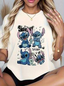 Disney Women's Casual T-Shirt Made Of 100% Cotton With Cartoon Print. Lightweight Short-Sleeved Round-Neck Shirt With A Cute Lilo & Stitch Tropical Graphic Design. Breathable Fabric, Machine Washable, Ideal For Spring, Summer, And Autumn – Fashionable Everyday Clothing. - trắng - Xem 4