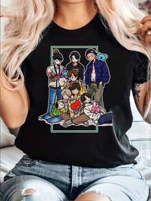 Short-Sleeve T-Shirt With Star Poster Print, Casual Crew Neck Regular Fit T-Shirt, Comfortable All-Season Fabric, Suitable For Everyday Wear, Promotional T-Shirt For Women, Beautiful T-Shirt For Women, Elegant T-Shirt For Women - 黑色 - 查看 1