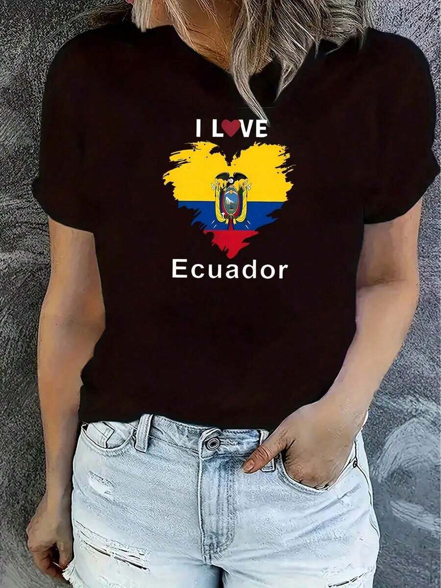 CHICLY19 Camiseta de Algodón con Estampado de la Bandera de Ecuador, Camiseta Ajustada de Manga Corta y Cuello Redondo para Mujer, Estampado de Bandera de Corazón de Ecuador, Top Ajustado Patriótico con Orgullo Ecuatoriano, Camiseta de Algodón Blanca de Estilo Casual para Uso Diario, Transpirable y Cómoda. - Negro - Ver 1