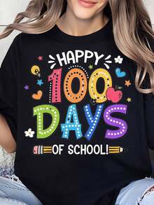 "Happy 100 Days Of School" T-Shirt For Kids, Teachers, And Parents Celebrating The 100th Day Of School With Colorful Design And Fun Elements. 100% Pure Cotton, Women's T-Shirt. - 黑色 - 查看 7