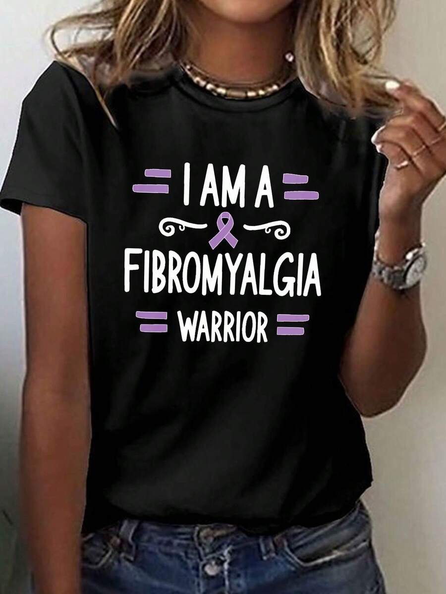 Camiseta con Estampado "SOY UNA GUERRERA DE LA FIBROMIALGIA", Manga Corta, Cuello Redondo, Estilo Casual para Verano y Primavera, Ropa de Mujer - Negro - Ver 1