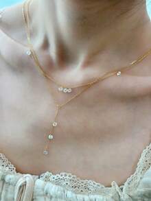 1pc Minimalist Elegant Water Drop Faux Crystal Pendant Multilayer Y-Necklace, Delicate Clavicle Chain, Versatile For Commuting, Great Gift - Gold - Multi-layered Y-shaped - View 4