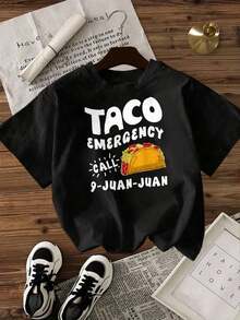 Camiseta de Mujer Casual de Corte Holgado, Opciones en Blanco y Negro, Estampado Gráfico 'Taco Emergency Call 9-JUAN-JUAN', Camiseta Divertida para Uso Diario, Camisetas de Verano, Conjuntos de Verano, Camisetas Gráficas para Mujer, Tops Cortos para Mujer, Camisetas Vintage de Algodón, Ropa Linda para Mujer, Playera Holgada para Mujer - Negro - Ver 2