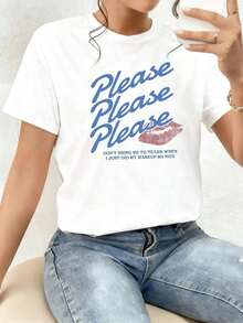 The Image Shows A Repeated Request In A Soft Tone With Pink Lips That Symbolize Tenderness, Humor, And A Desire To Maintain A Good Appearance, Reflecting Confidence And Feminine Delicacy, Ideal For Expressing A Cheerful Personality. Women's T-Shirt 100% Cotton. New Summer Women's T-Shirt, Casual And Comfortable Crew Neck Top - 白色的 - 查看 12