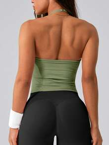 NcmRyu 1pc Women's Solid Color Adjustable Spaghetti Strap V-Neck Ruched Open Back Sports Camisole - Green - View 6