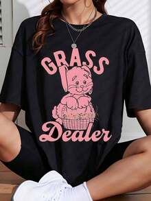 Suave Grass Dealer Women's Pink Rabbit Graphic T-Shirt, Oversized Black T-Shirt, Casual Summer Top, Urban Fashion Clothing, Casual Blouse For Women, Blouses For Women, Cotton T-Shirts For Women - 黑色 - 查看 1