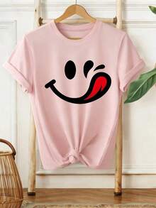 Camiseta Casual de Verano para Mujer 100%Algodón,ADivertidoSonriendoCaraConUnoOjoHaciendo un guiñoYARojoLenguaAdherenciaFuera,MujeresVeranoRopaNuevoVeranoMujeresCamisetaManga cortaCamisetaSuperior,MujeresInformalModaImpresoCamisetaEleganteMujeresRopaTranspirableAlgodónTee,TodosPartido - Rojo - Ver 10