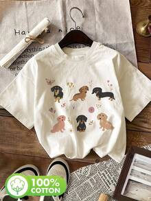 Women's Casual Summer Top With Cool Style, Dachshund And Floral Print, Round Neck, Short Sleeve T-Shirt [Ling K] Women's Winter Clothing - 杏色 - 查看 1