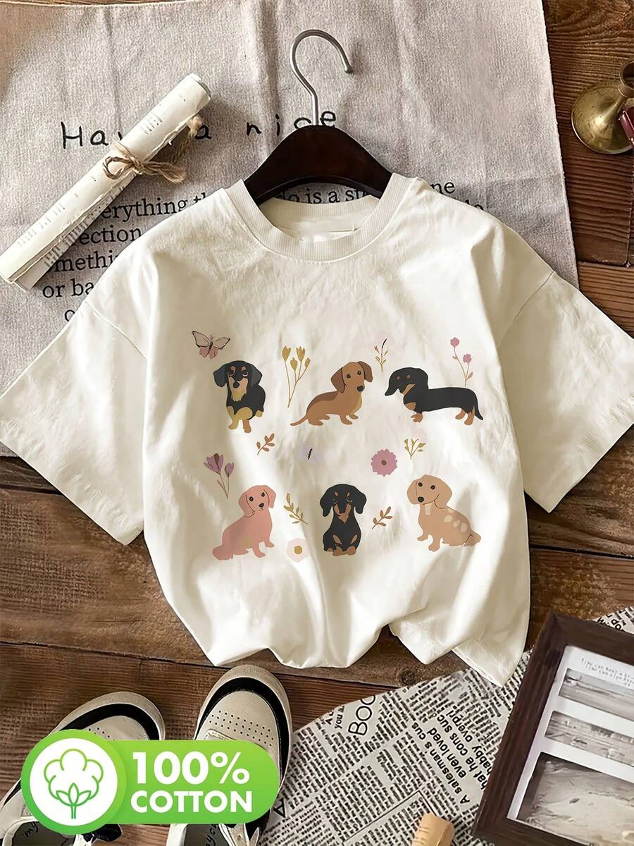 Women's Casual Summer Top With Cool Style, Dachshund And Floral Print, Round Neck, Short Sleeve T-Shirt [Ling K] Women's Winter Clothing - 杏色 - 查看 1