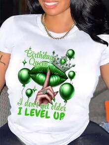Camiseta con Estampado de Cumpleaños de Reina de ClassicQueen,% Algodón, Camiseta Casual de Cuello Redondo con Estampado de Globos y Labios, Largo Regular, Tejido de Punto, Adecuada para Todas las Temporadas, Camiseta para Todas las Temporadas |   Diseño Humorístico |   Blusas casuales de elasticidad media para mujer - blanco 1 - Ver 7