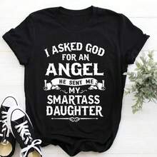 Women's T-Shirt With 'My Daughter Is An Angel' Print, Short Sleeve, Round Neck, Loose Fit, Women's T-Shirts, Clothing, Tops, Women's T-Shirts. - 黑色 - 查看 1