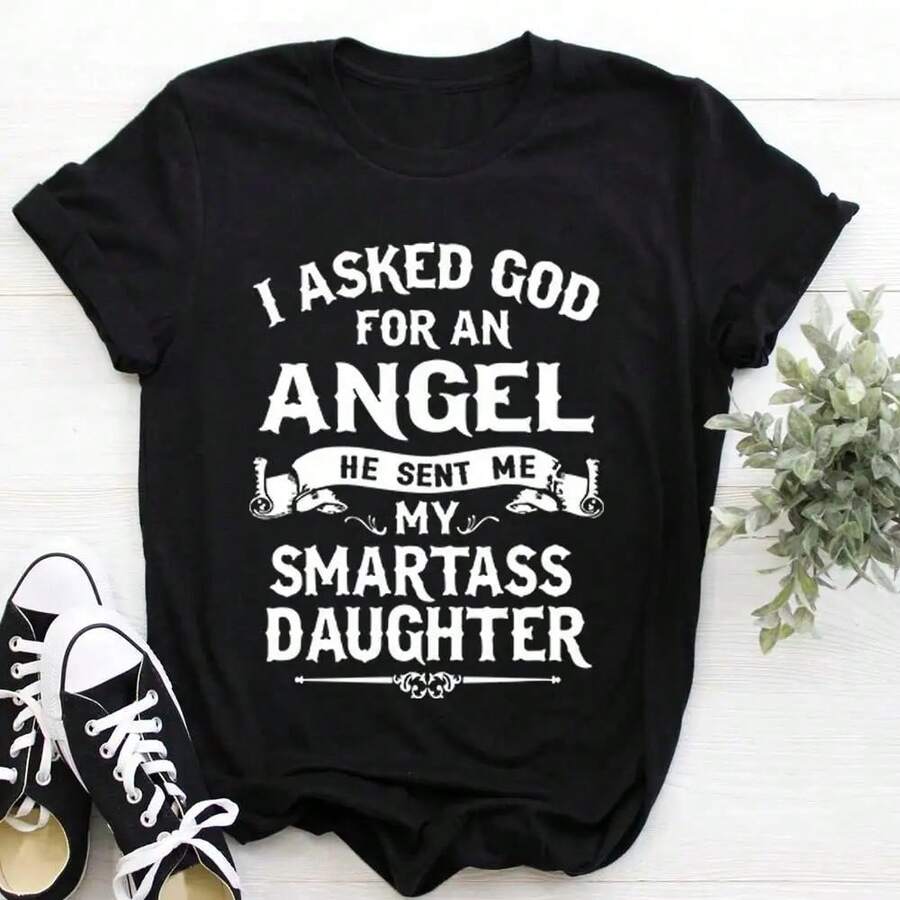 Women's T-Shirt With 'My Daughter Is An Angel' Print, Short Sleeve, Round Neck, Loose Fit, Women's T-Shirts, Clothing, Tops, Women's T-Shirts. - 黑色 - 查看 1