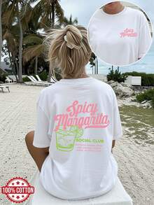 Nueva Camiseta de Moda para Mujer con Cuello Redondo [Impresión a doble cara]Top de verano con un estilo retro a que presenta un diseño de copa de cóctel, Margarita Picante, SOCIAL CLUB, Tequila Reposado, Lima Fresca, Licor de Naranja, Agave, Jalapeño, Tajín. Cuello redondo, algodón, manga corta, hombros caídos, camiseta de gran tamaño. Diseño versátil para el verano. - Negro - Ver 9